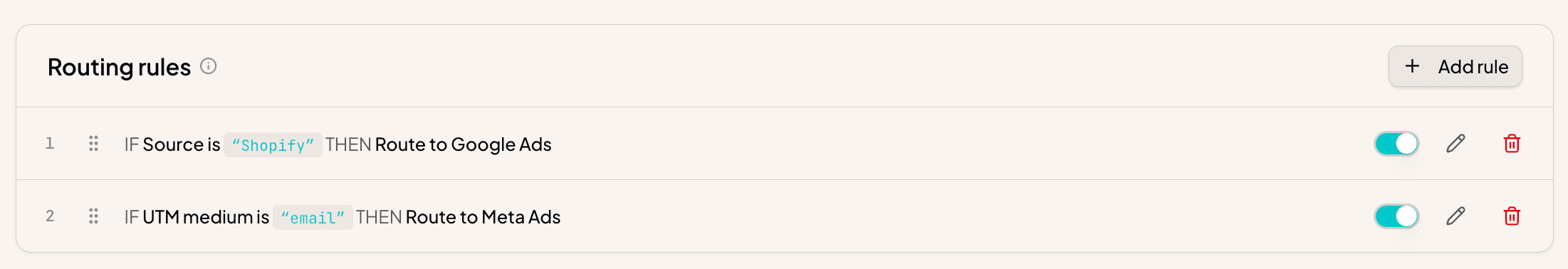 Routing rules: route conversions to a specific ad platform based on their source or UTM medium.